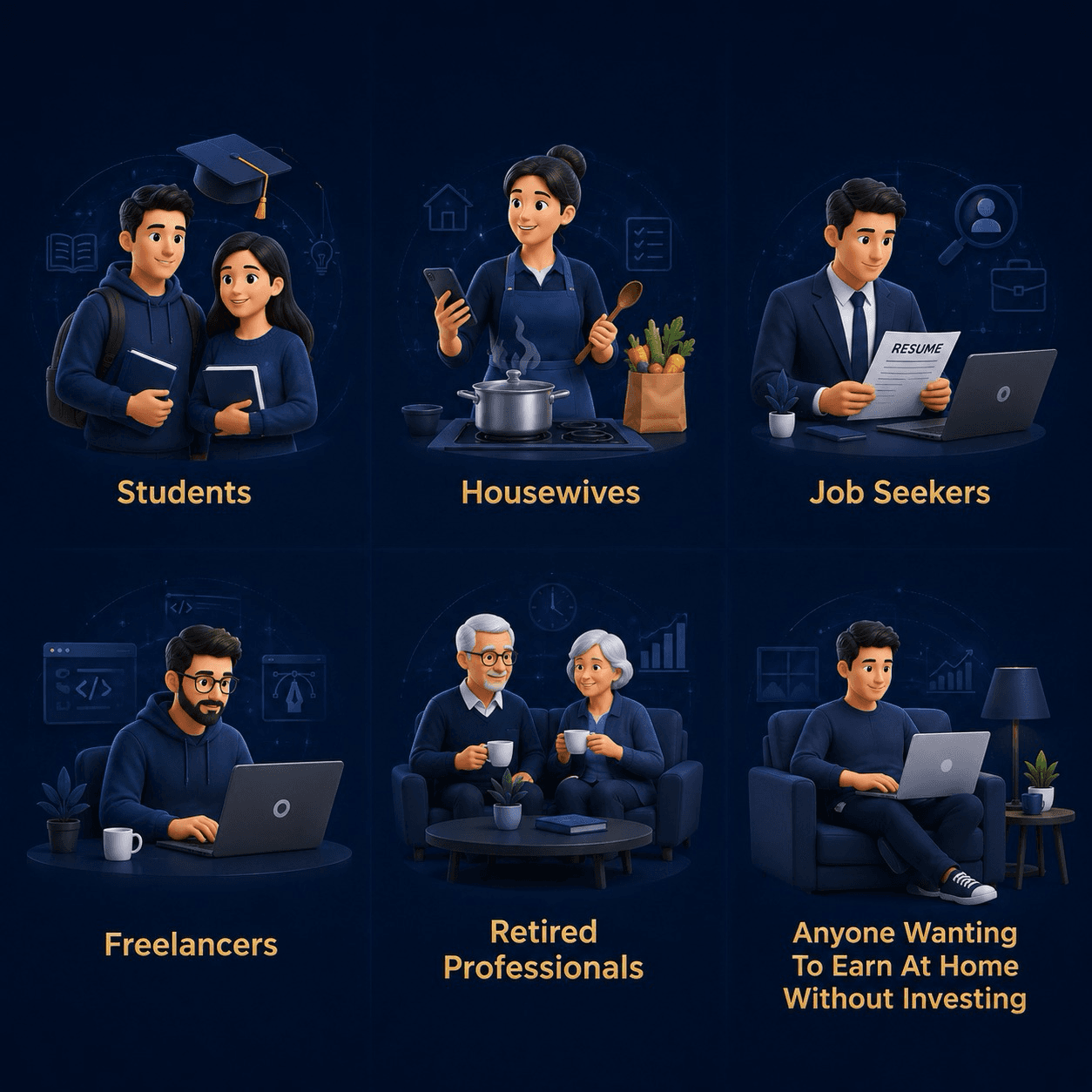 Who can join GrowUp — Students, Housewives, Job Seekers, Freelancers, Retired Professionals, and anyone wanting to earn at home without investing